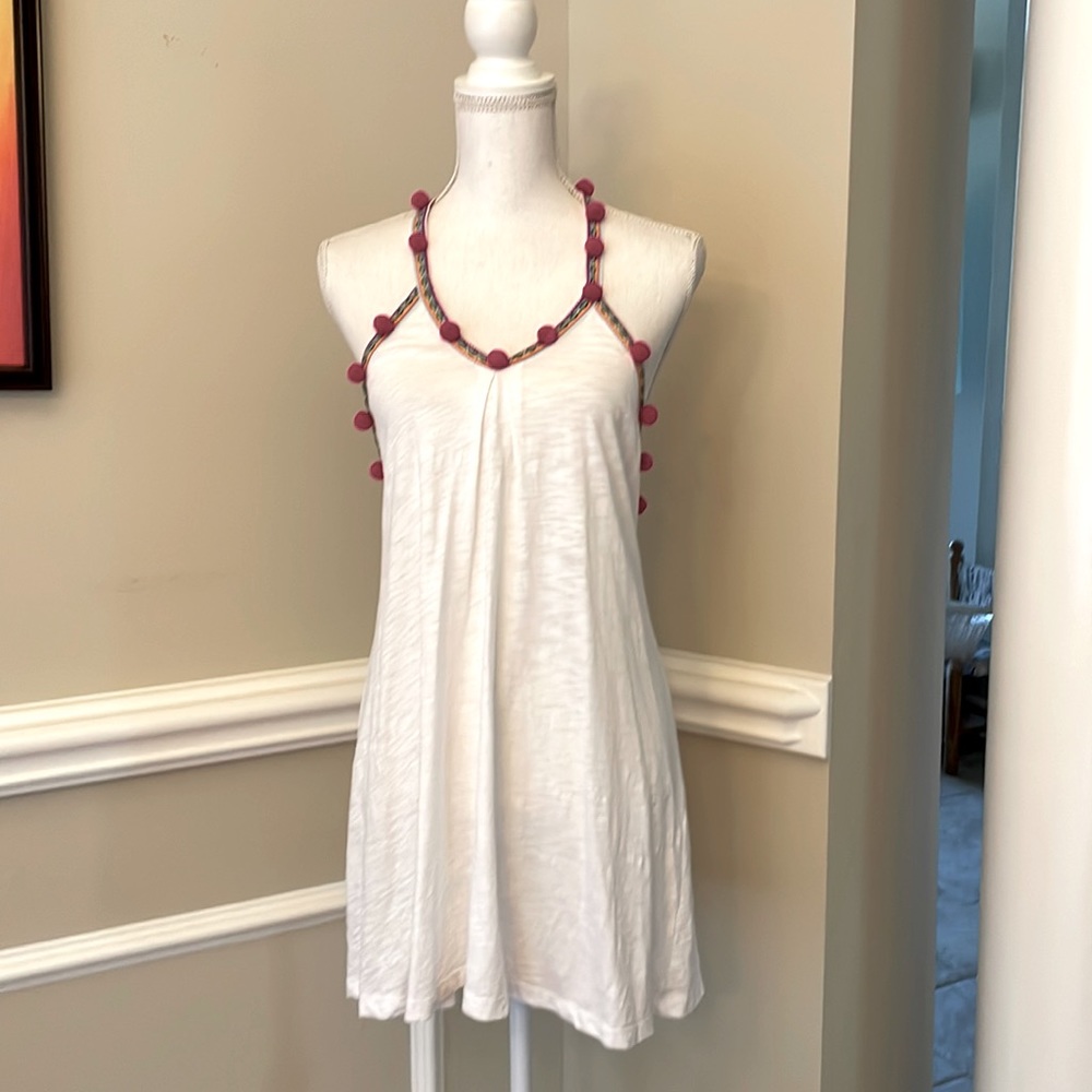 Pitusa White Swim Coverup with Pink Pom-Pom Trim